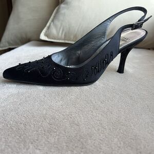 Stuart Weitzman Black Satin Bead Slingback Heel‎ Women 7 Formal Evening Cocktail